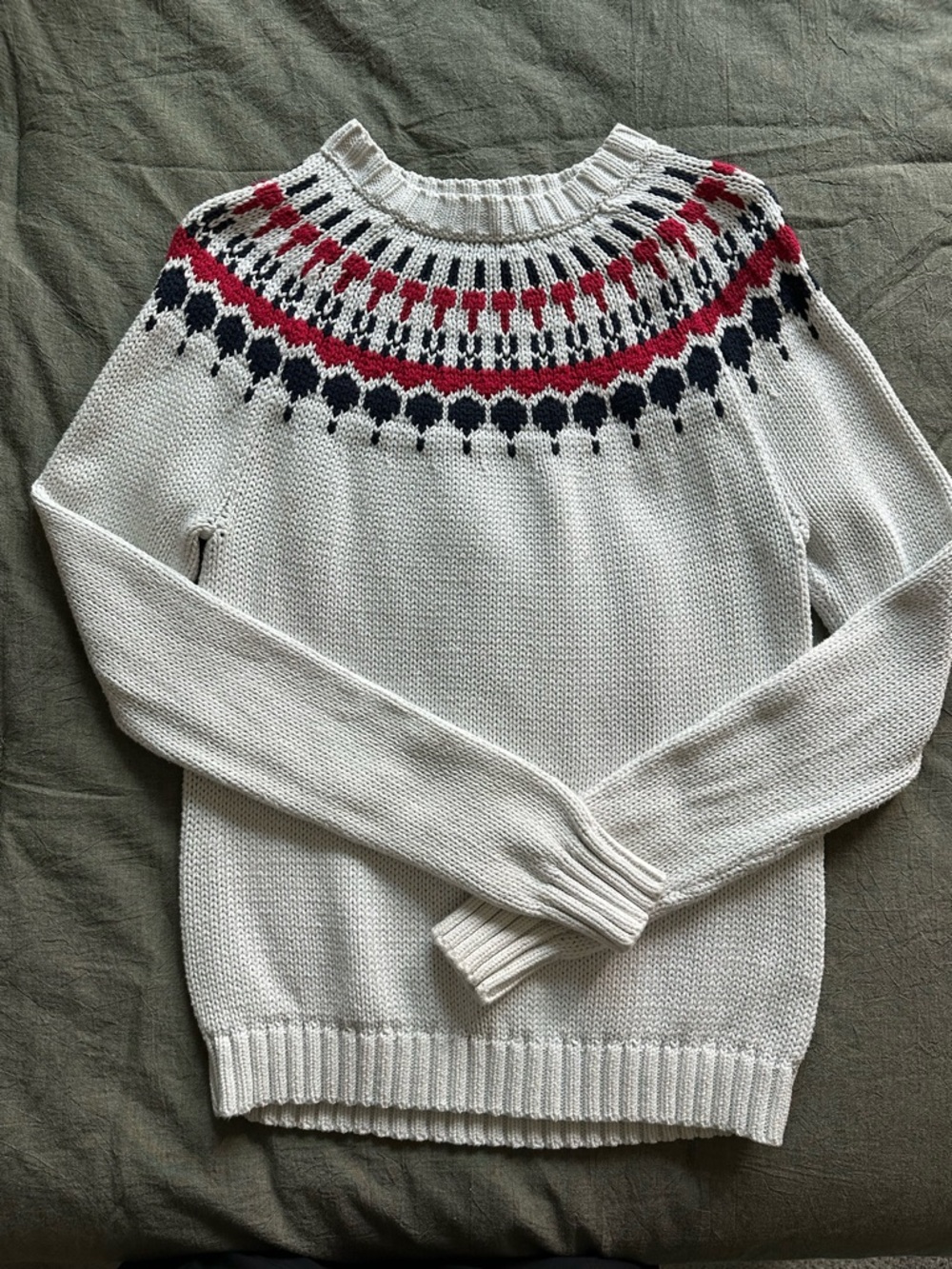 J. Crew Cream Fair Isle Yoke Crewneck Sweater with Navy and Red Accents